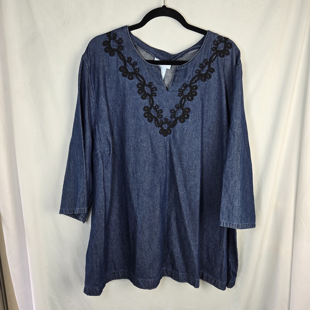 Liz &‎ Me Denim Tunic Shirt 3X Soutache Beaded Boho Western Prairie Coastal